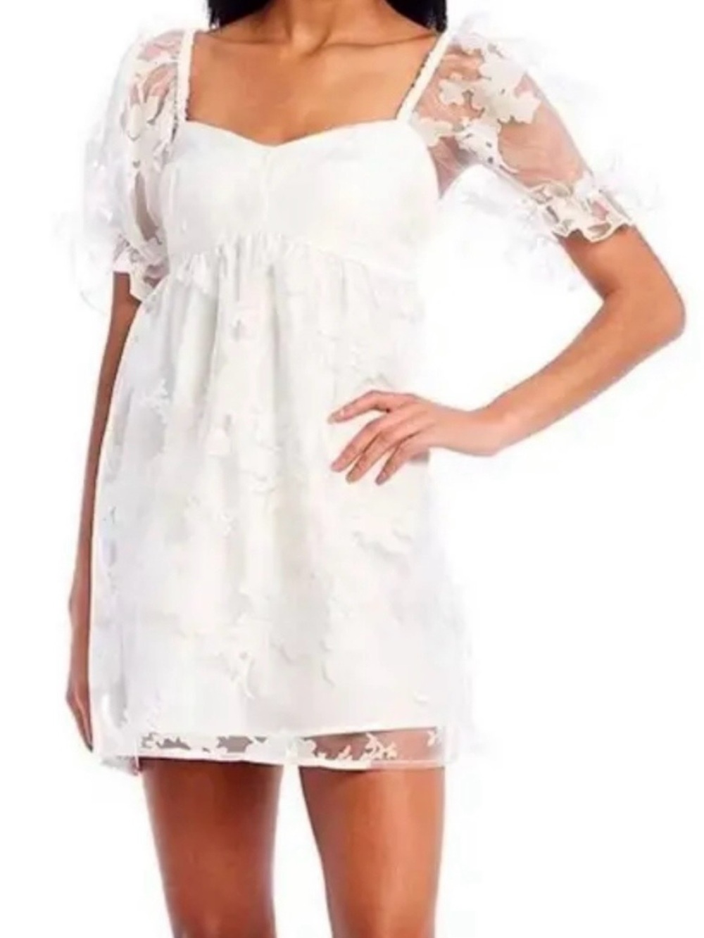 White Lace Mini Dress with Puff Sleeves